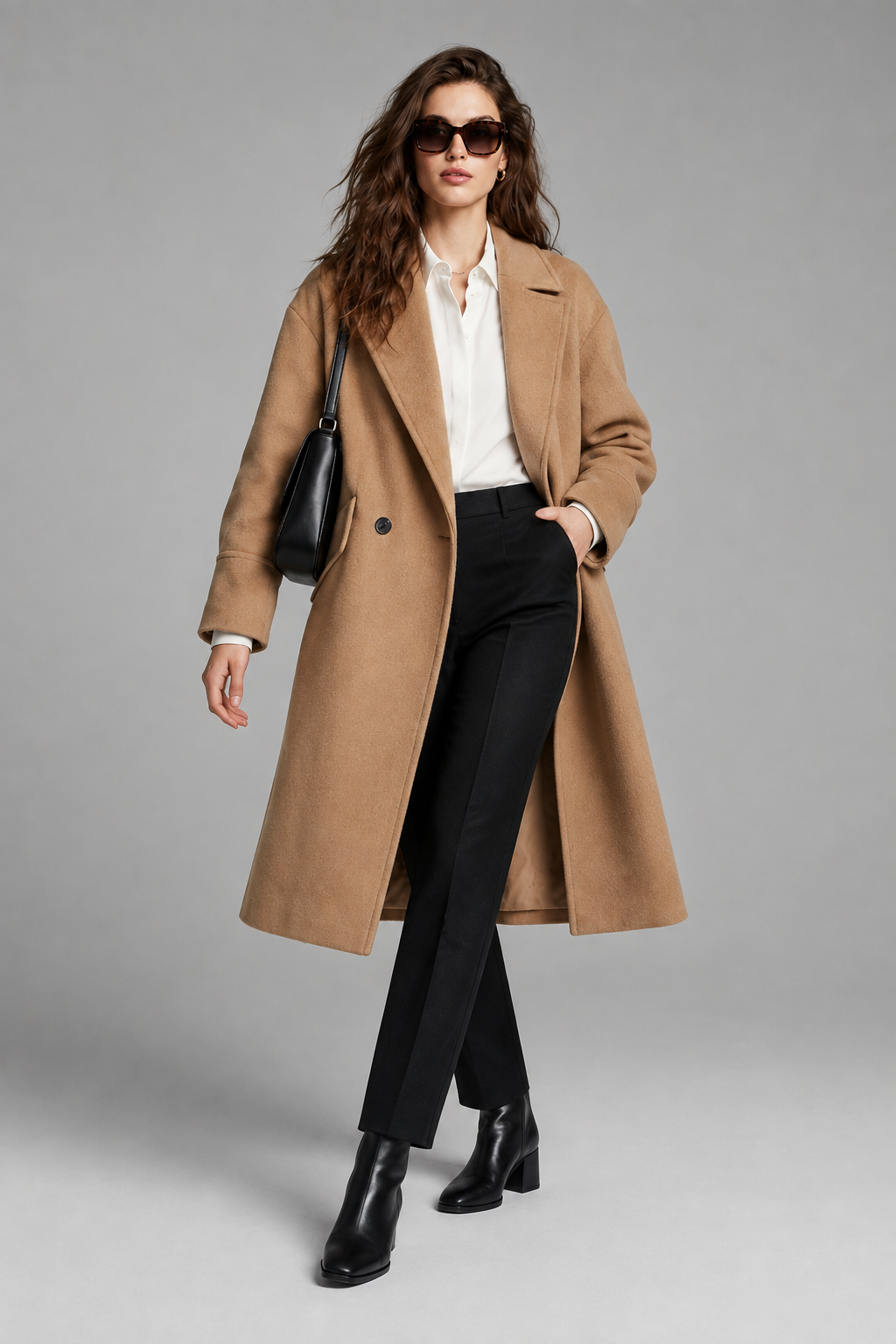 A woman models a long camel wool-blend coat over a white button-down shirt, black trousers, black ankle boots, and black sunglasses, carrying a black shoulder bag against a neutral gray studio background.