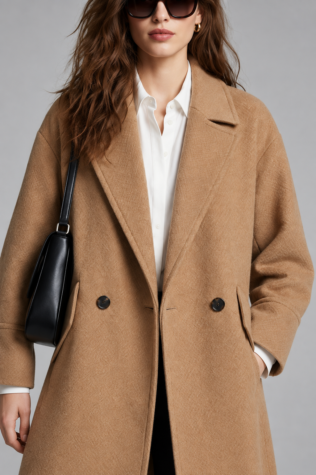 A woman wearing a camel-colored double-breasted wool coat over a white collared shirt, accessorized with a black shoulder bag and sunglasses, set against a solid gray studio background.