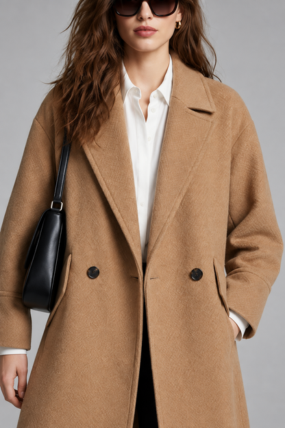 A woman wearing a camel-colored double-breasted wool coat over a white collared shirt, accessorized with a black shoulder bag and sunglasses, set against a solid gray studio background.