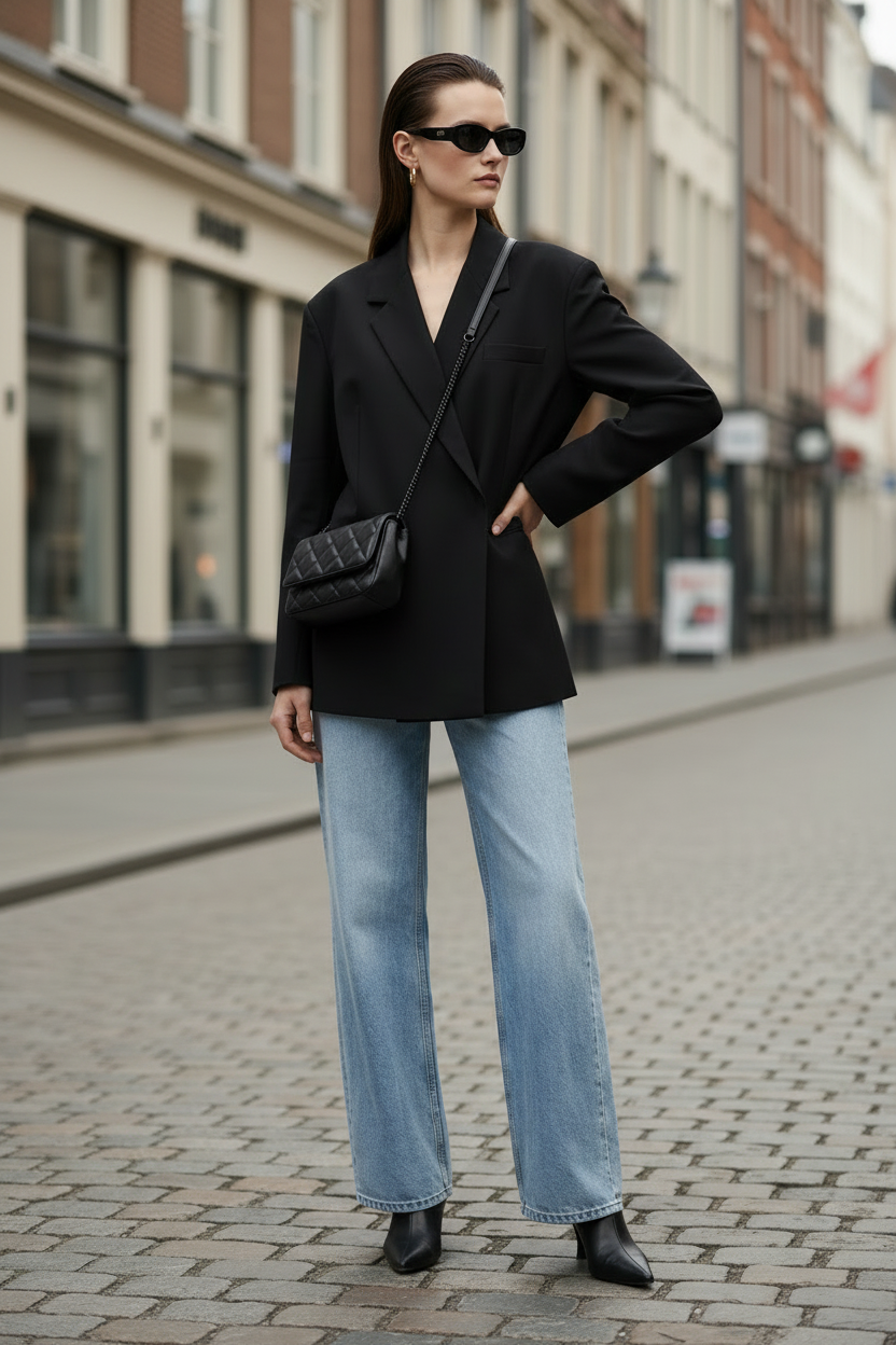 A woman stands on a cobblestone street wearing a black oversized blazer, light-wash wide-leg jeans, black ankle boots, and black sunglasses, with a black quilted shoulder bag.
