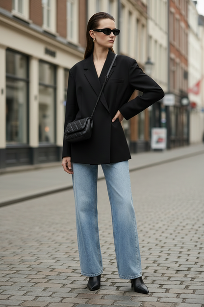 A woman stands on a cobblestone street wearing a black oversized blazer, light-wash wide-leg jeans, black ankle boots, and black sunglasses, with a black quilted shoulder bag.