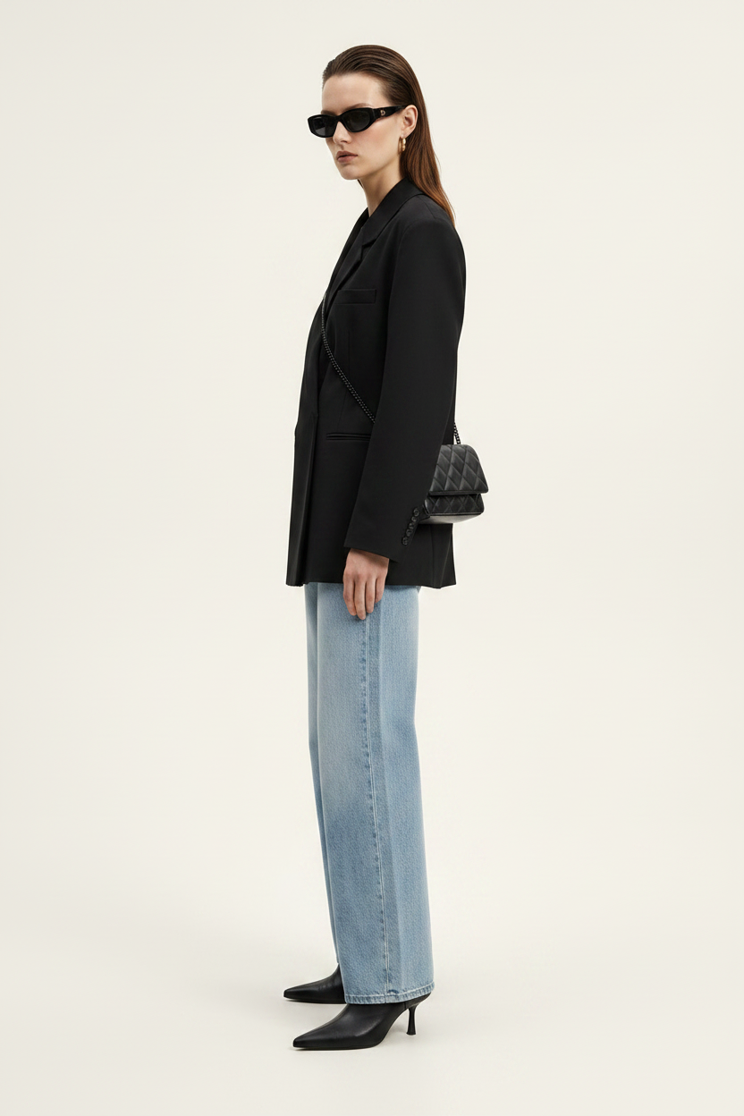 A model stands against a plain light background wearing a black double-breasted blazer, wide-leg light-wash blue jeans, black pointed shoes, and a black quilted shoulder bag.