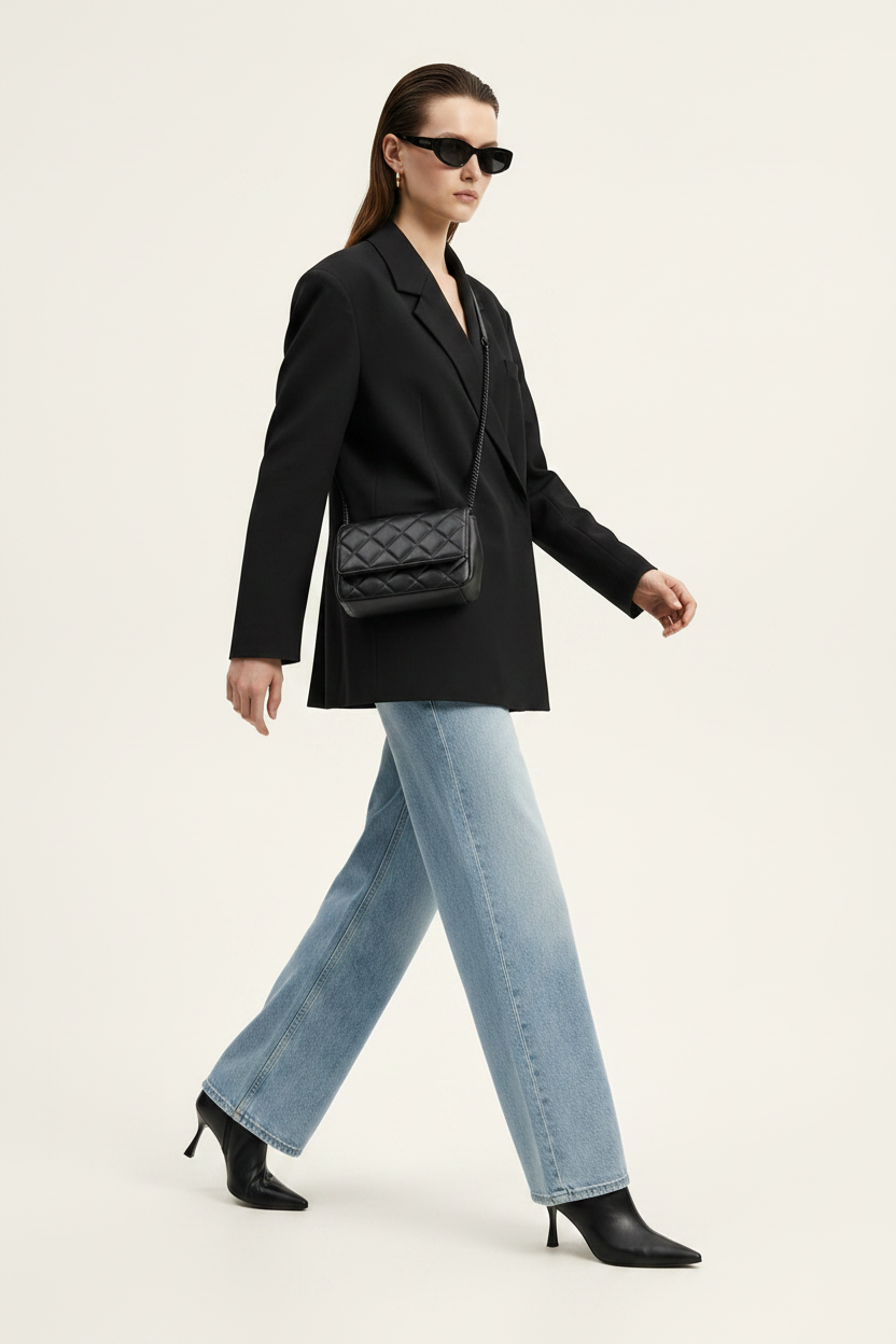 A model stands against a plain light background wearing a black double-breasted blazer, wide-leg light-wash blue jeans, black pointed shoes, and a black quilted shoulder bag.