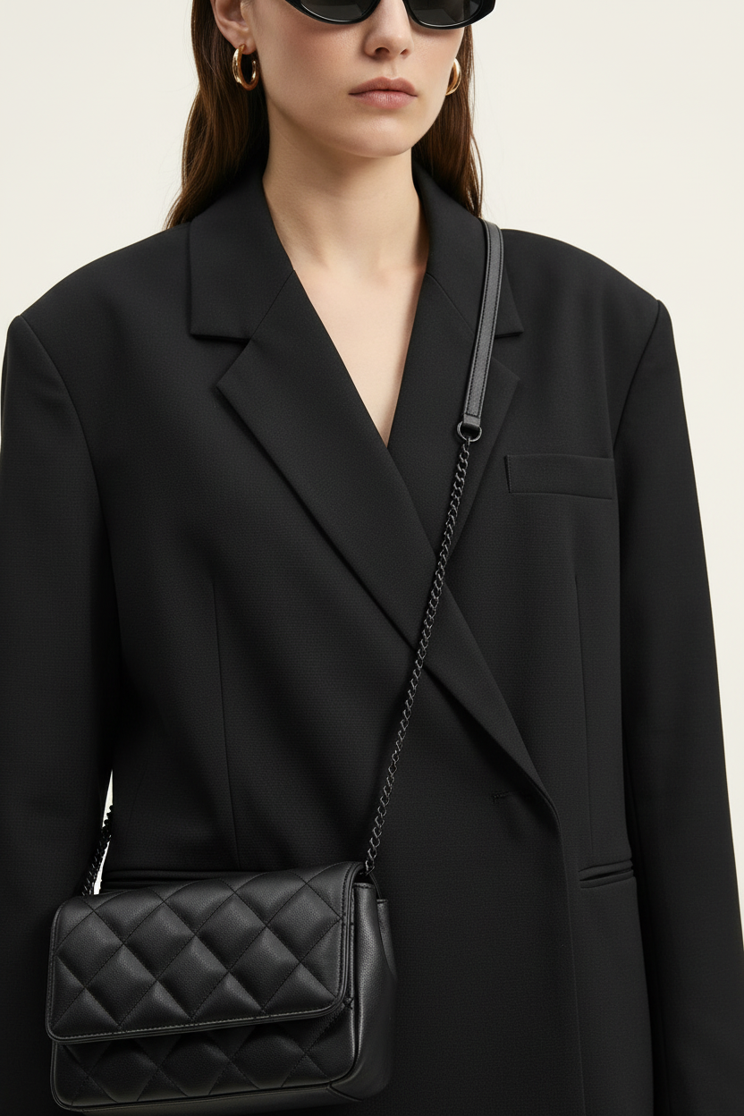 A model stands against a plain light background wearing a black double-breasted blazer, wide-leg light-wash blue jeans, black pointed shoes, and a black quilted shoulder bag.