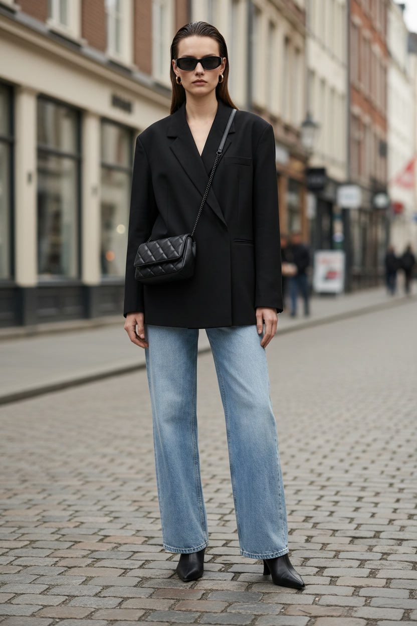 A model stands against a plain light background wearing a black double-breasted blazer, wide-leg light-wash blue jeans, black pointed shoes, and a black quilted shoulder bag.