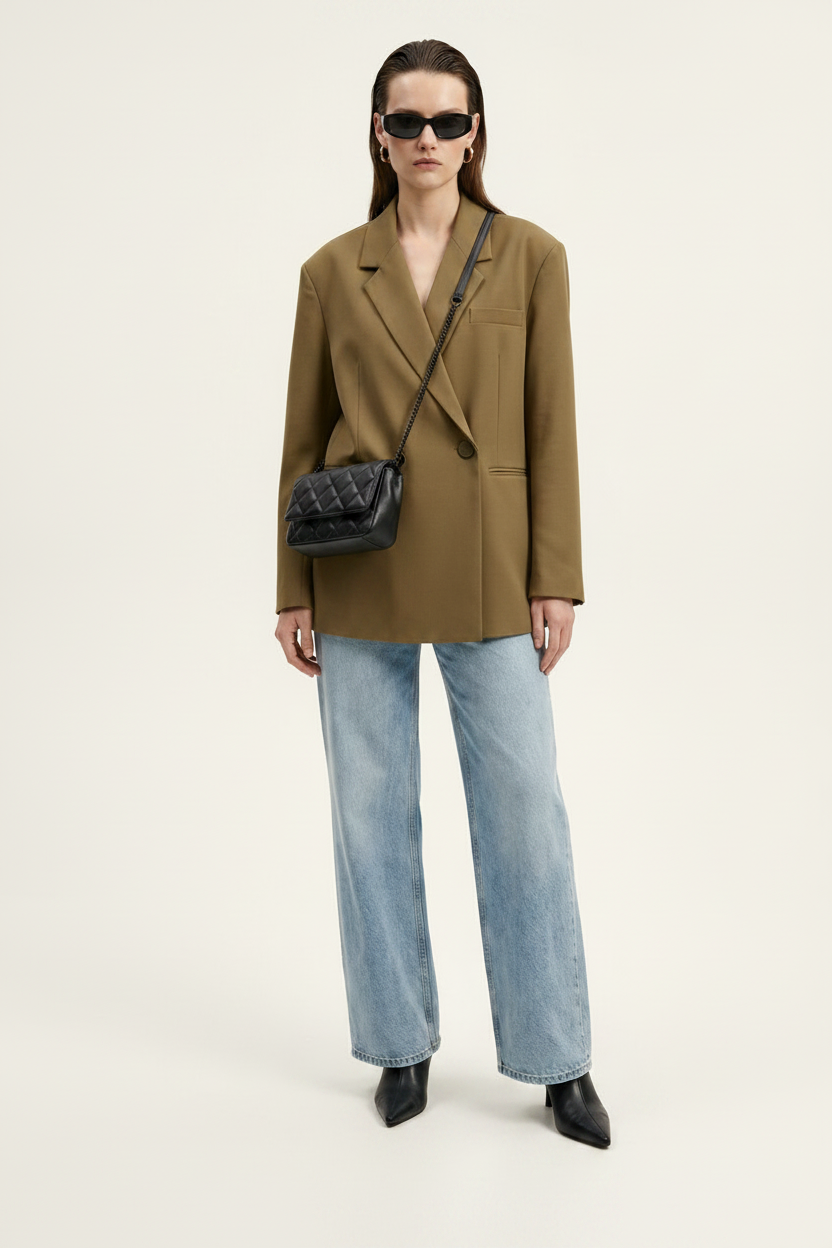Oversized Notch Lapel Single Breasted Blazer with Pockets in Khaki, studio shot