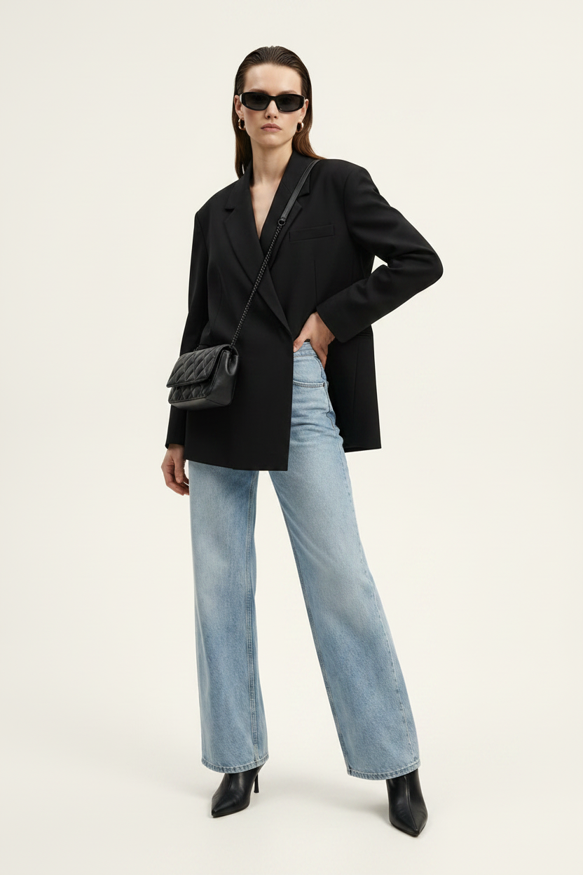 A model stands against a plain light background wearing a black double-breasted blazer, wide-leg light-wash blue jeans, black pointed shoes, and a black quilted shoulder bag.