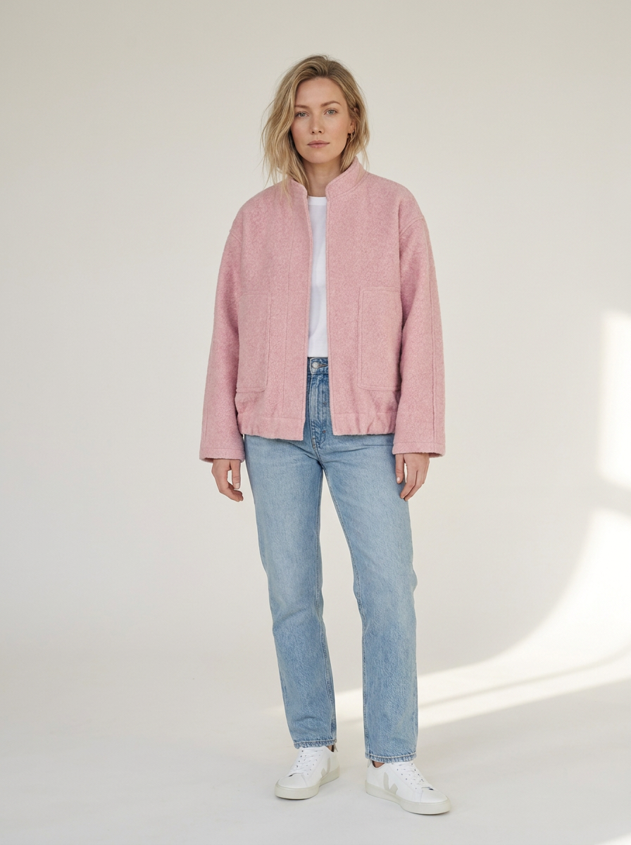 A woman modeling a light pink textured jacket with a stand collar, worn over a white t-shirt and light blue jeans, standing against a warm off-white studio background.