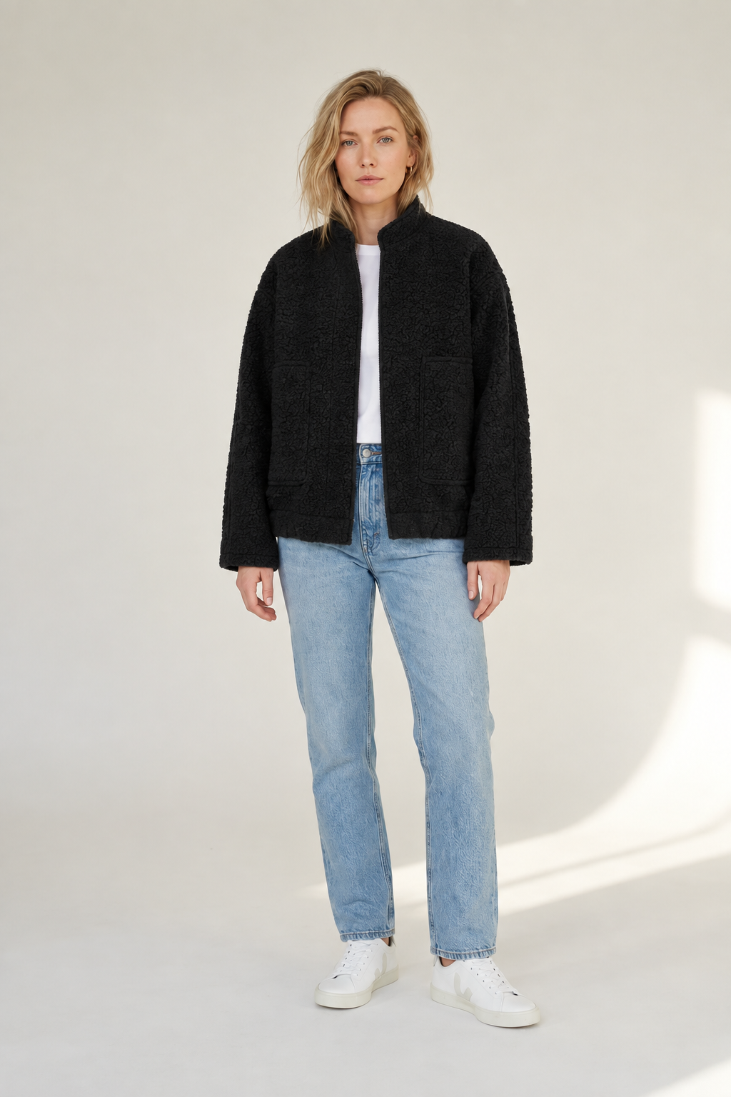 Oversized Textured Bomber Jacket with Stand Collar in Black, studio shot
