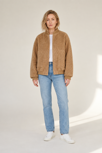 Oversized Textured Bomber Jacket with Stand Collar in Camel, studio shot