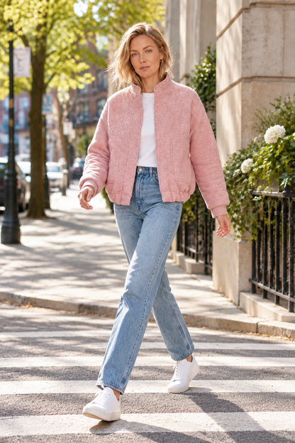 A woman walking on a city crosswalk wearing a fuzzy light pink bomber jacket, light blue jeans, and white sneakers.