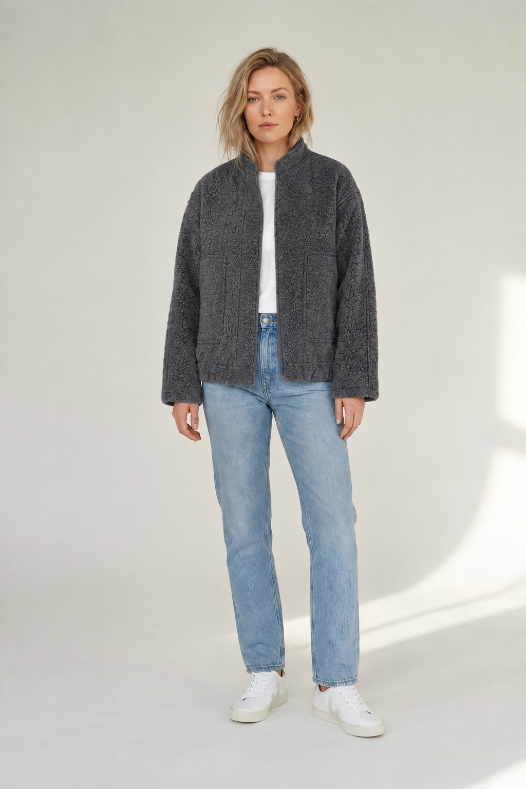 Oversized Textured Bomber Jacket with Stand Collar in Gray, studio shot