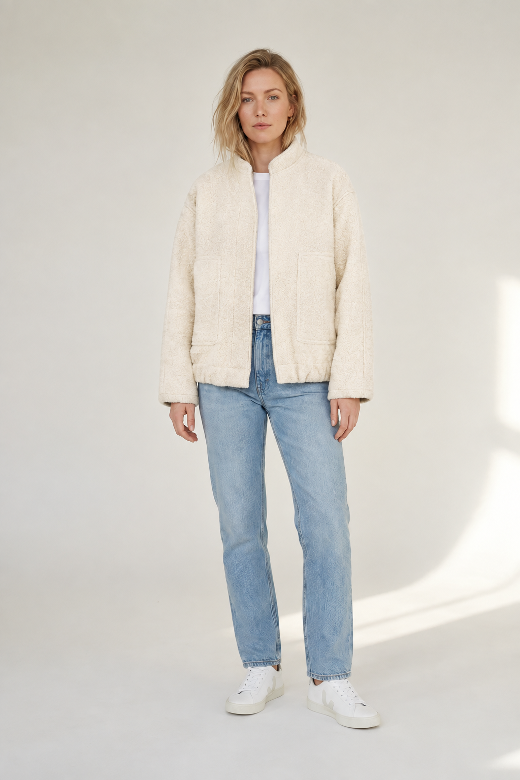 Oversized Textured Bomber Jacket with Stand Collar in Ivory, studio shot
