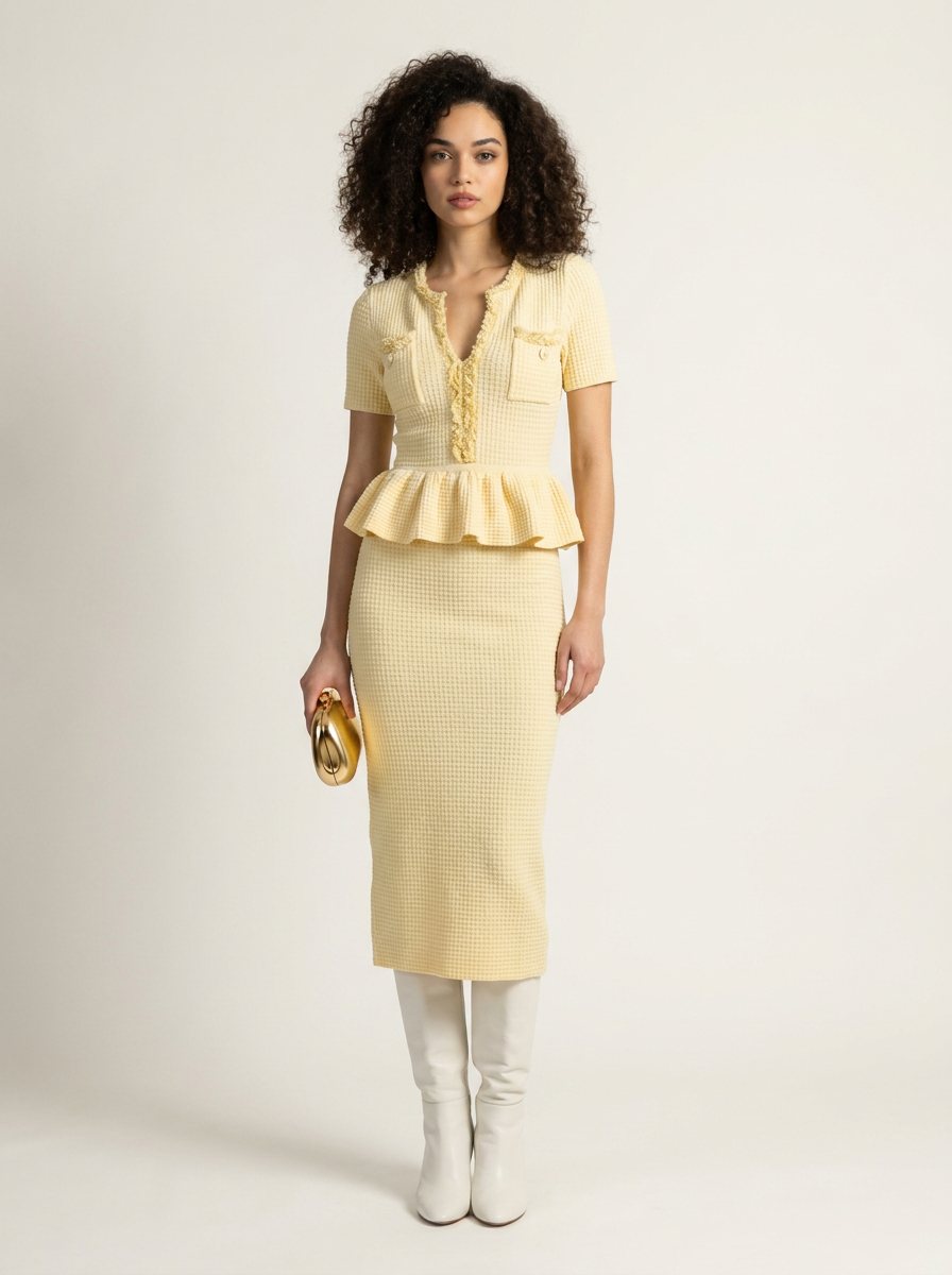A model stands against a plain light background wearing a pale yellow short-sleeve knit top and matching textured midi skirt, paired with white knee-high boots and holding a small metallic clutch.
