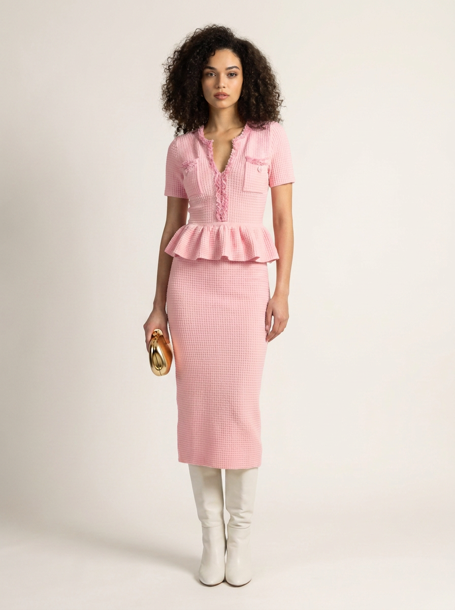 A model stands against a light beige studio background wearing a pink textured short-sleeve peplum top and matching pink textured pencil skirt, paired with white knee-high boots and holding a small gold clutch.