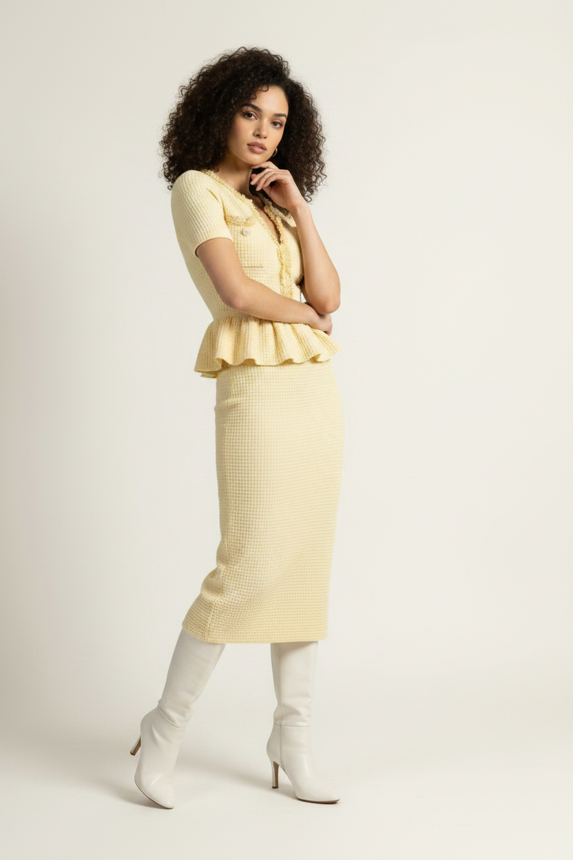 A model stands against a plain light background wearing a pale yellow short-sleeve knit top and matching textured midi skirt, paired with white knee-high boots and holding a small metallic clutch.