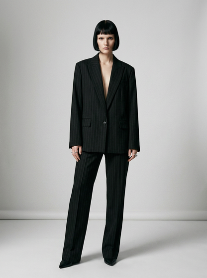 Pinstripe Relaxed Fit Blazer with Notched Lapel in Dark Blue Stripes, studio shot