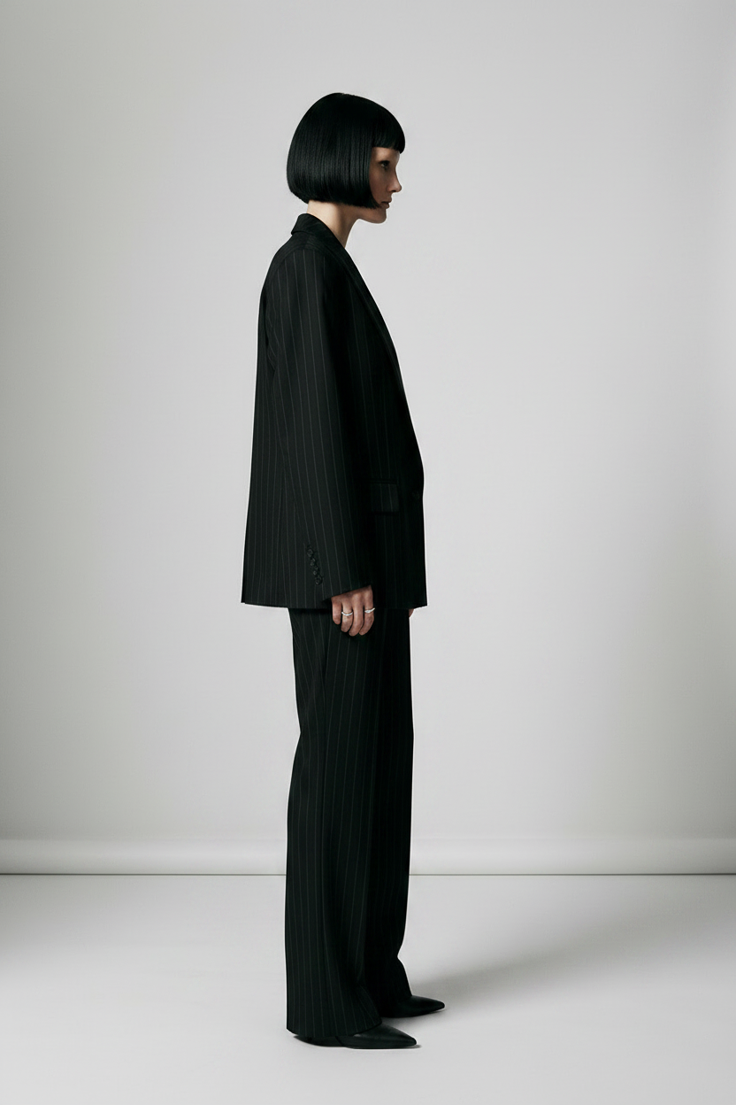 A model with a short black bob haircut stands in a studio wearing a black pinstripe blazer and matching wide-leg trousers against a light gray background.
