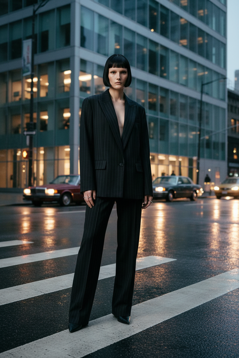 A model with a short black bob haircut stands in a studio wearing a black pinstripe blazer and matching wide-leg trousers against a light gray background.