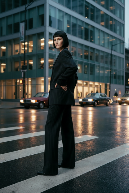 A model wearing a black pinstripe blazer and matching wide-leg trousers stands on a city crosswalk at dusk, with a modern glass office building and wet street in the background.