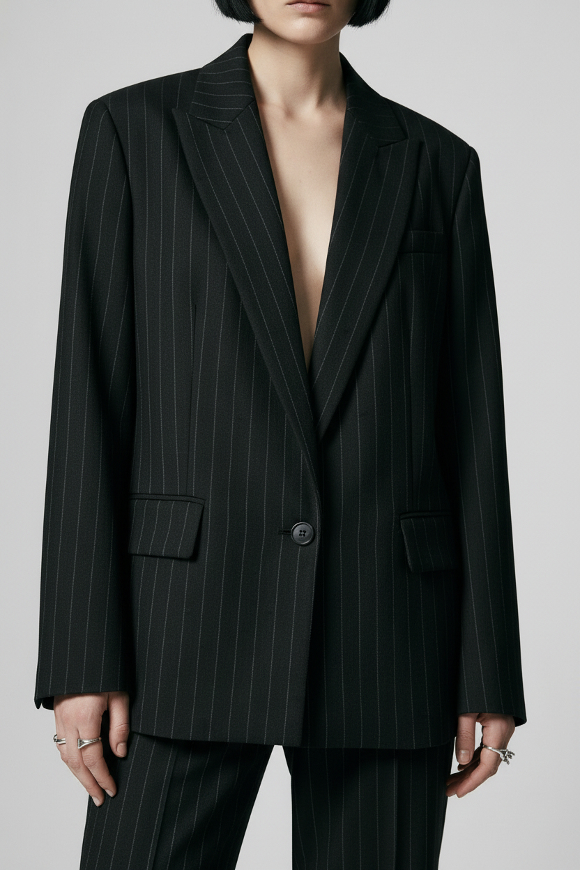 A model with a short black bob haircut stands in a studio wearing a black pinstripe blazer and matching wide-leg trousers against a light gray background.