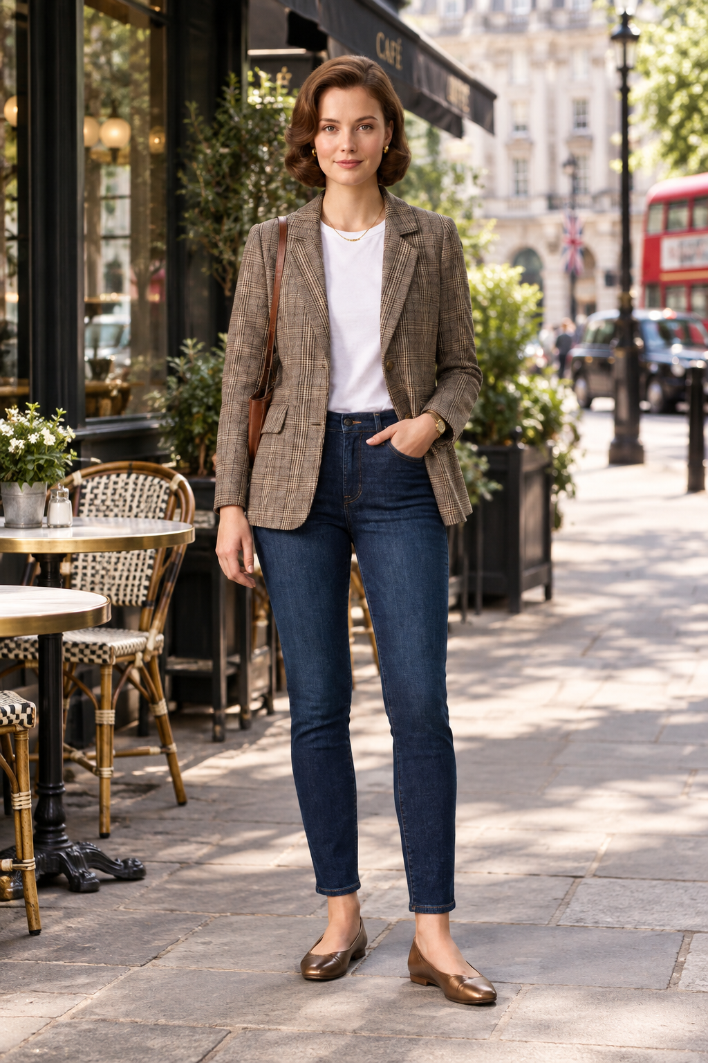 A woman stands against a light gray studio background wearing a brown and beige plaid blazer over a white top, dark blue skinny jeans, and brown flat shoes.
