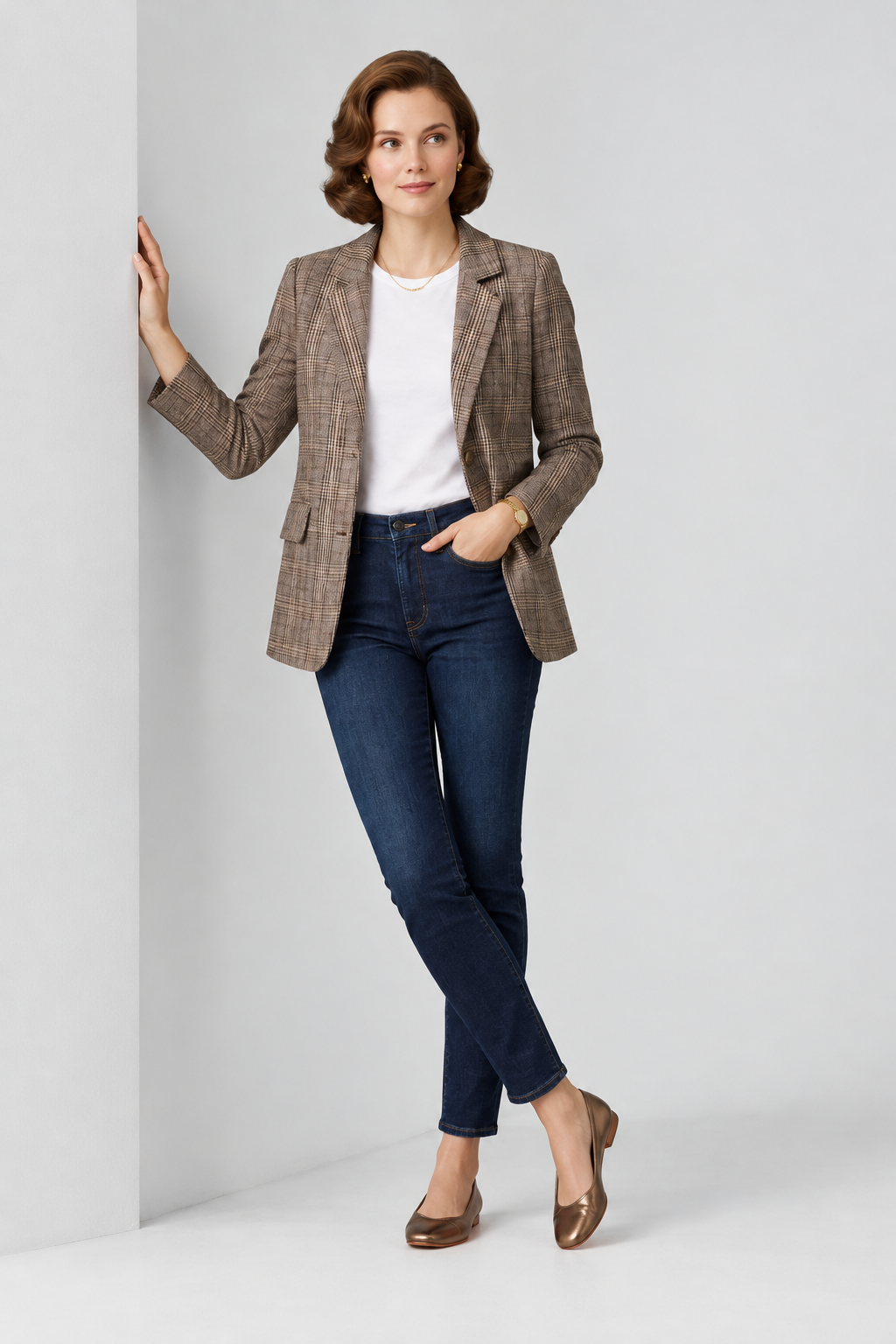 A woman stands against a light gray studio background wearing a brown and beige plaid blazer over a white top, dark blue skinny jeans, and brown flat shoes.