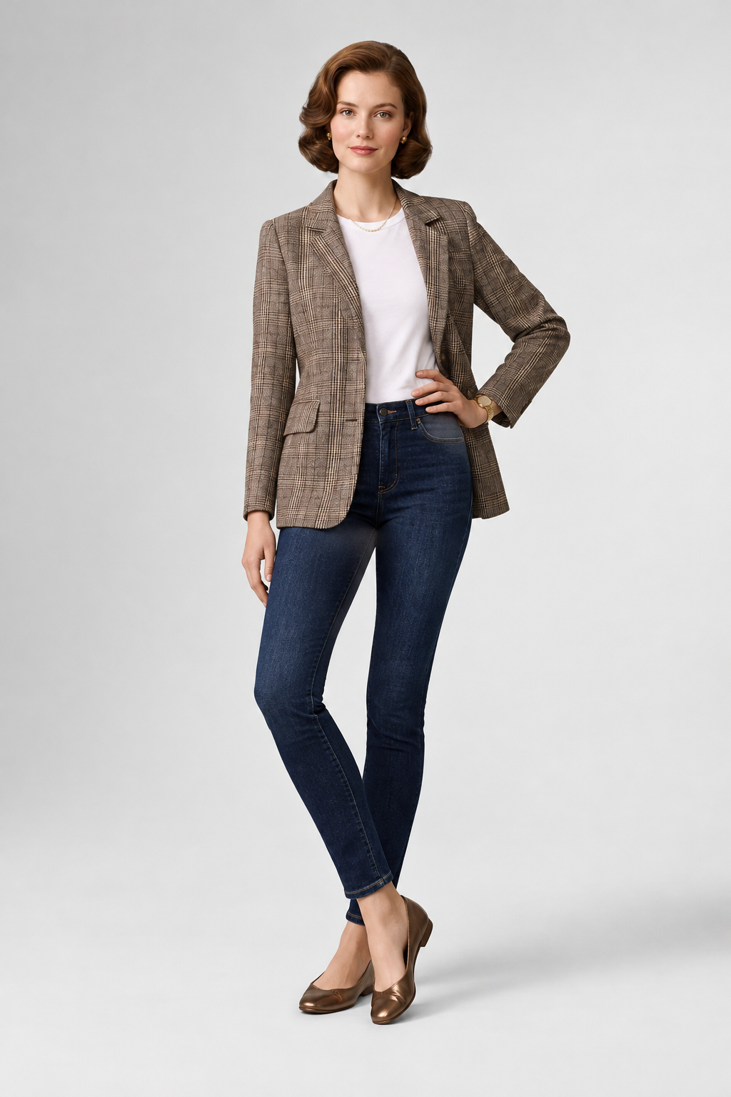 A woman stands against a light gray studio background wearing a brown and beige plaid blazer over a white top, dark blue skinny jeans, and brown flat shoes.