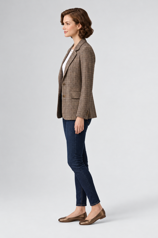 A woman stands against a light gray studio background wearing a brown and beige plaid blazer over a white top, dark blue skinny jeans, and brown flat shoes.