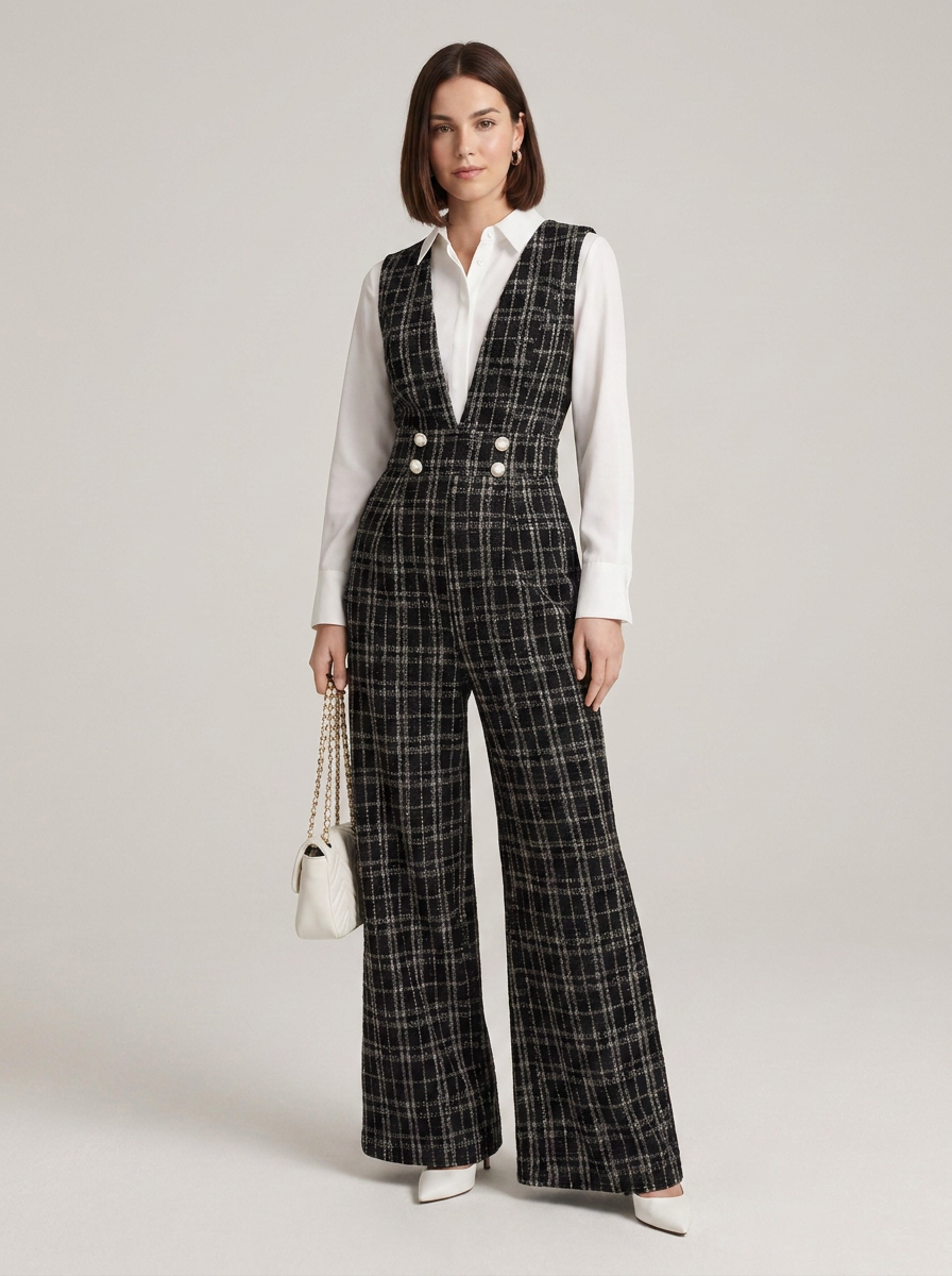 A model stands against a light gray studio background wearing a black and white plaid wide-leg vest and matching trousers over a white button-up shirt, holding a small white handbag.