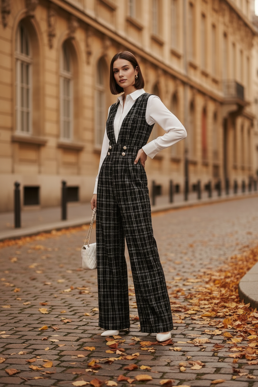 A woman stands on a cobblestone street lined with fallen leaves, wearing a black-and-white plaid double-breasted vest over a white long-sleeve collared shirt, paired with white pointed shoes and holding a small white handbag.
