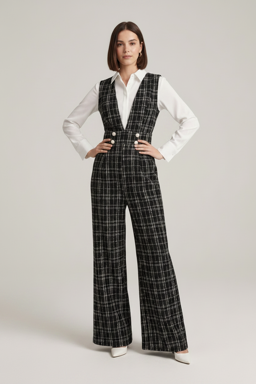A model stands against a light gray studio background wearing a black and white plaid wide-leg vest and matching trousers over a white button-up shirt, holding a small white handbag.