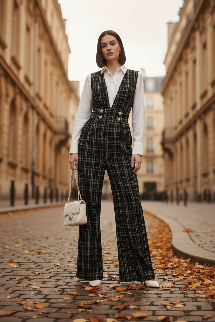 A woman stands on a cobblestone street lined with fallen leaves, wearing a black-and-white plaid double-breasted vest over a white long-sleeve collared shirt, paired with white pointed shoes and holding a small white handbag.