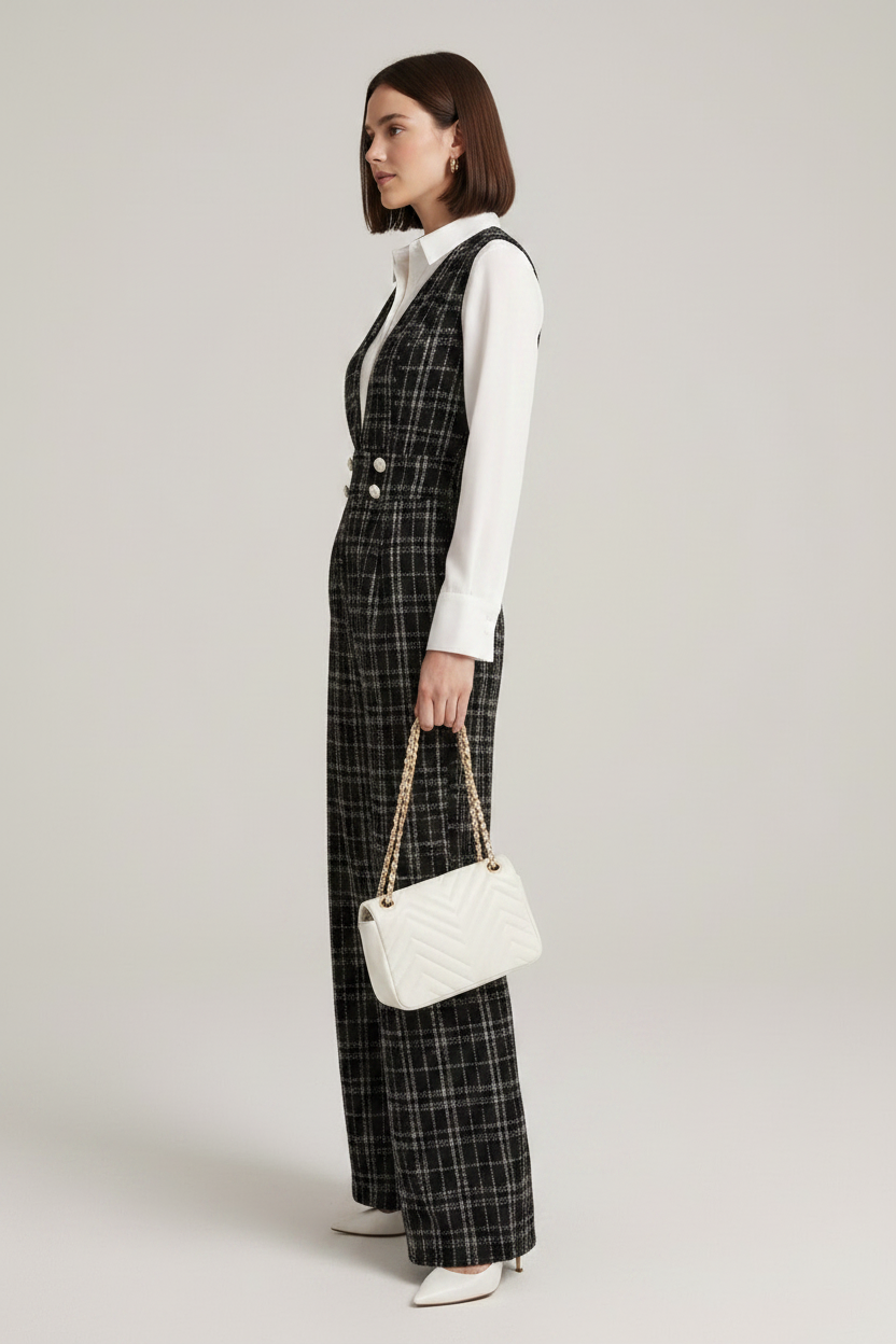 A model stands against a light gray studio background wearing a black and white plaid wide-leg vest and matching trousers over a white button-up shirt, holding a small white handbag.