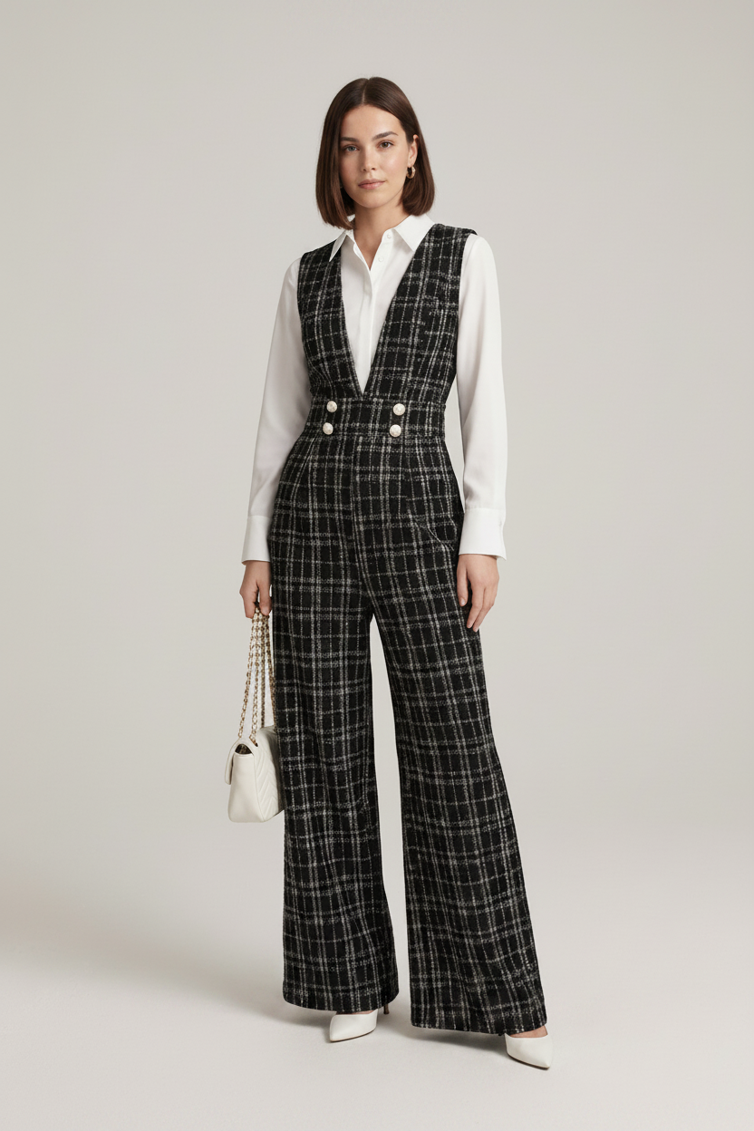 A model stands against a light gray studio background wearing a black and white plaid wide-leg vest and matching trousers over a white button-up shirt, holding a small white handbag.