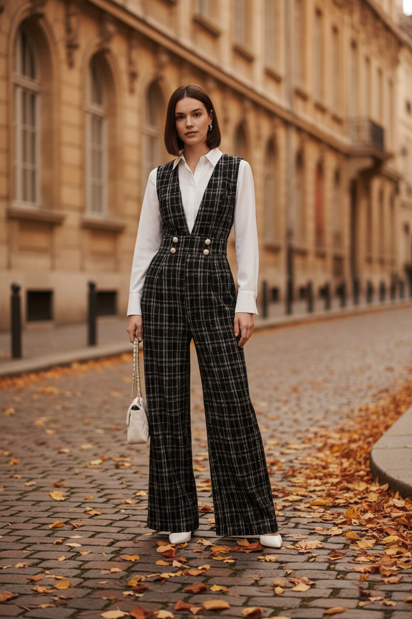 A model stands against a light gray studio background wearing a black and white plaid wide-leg vest and matching trousers over a white button-up shirt, holding a small white handbag.