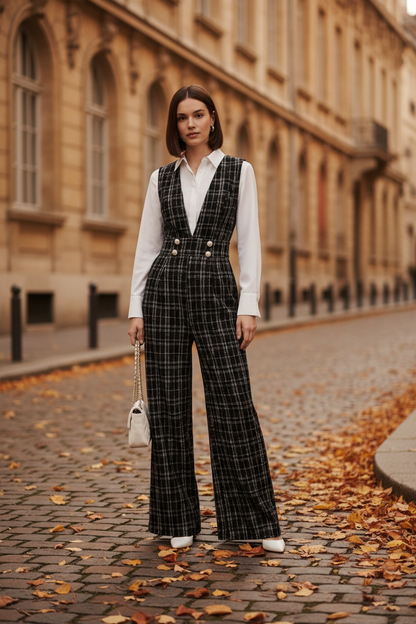 A model stands against a light gray studio background wearing a black and white plaid wide-leg vest and matching trousers over a white button-up shirt, holding a small white handbag.