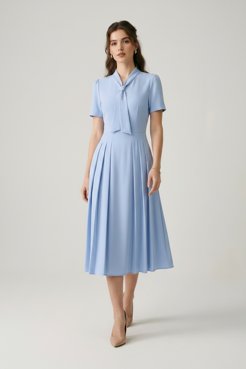 A woman modeling a light blue midi dress with short sleeves, a tie-neck detail, and a pleated skirt, paired with beige heels, against a neutral studio background.