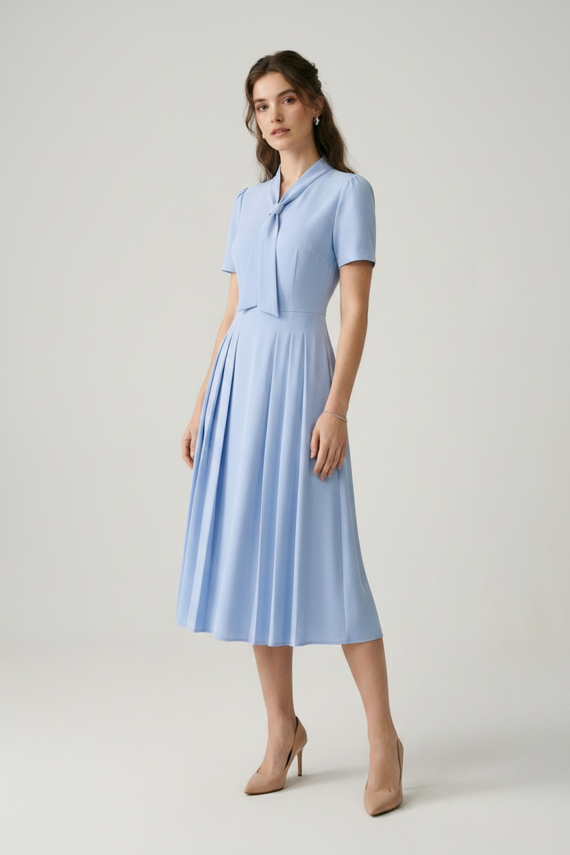 A woman modeling a light blue midi dress with short sleeves, a tie-neck detail, and a pleated skirt, paired with beige heels, against a neutral studio background.