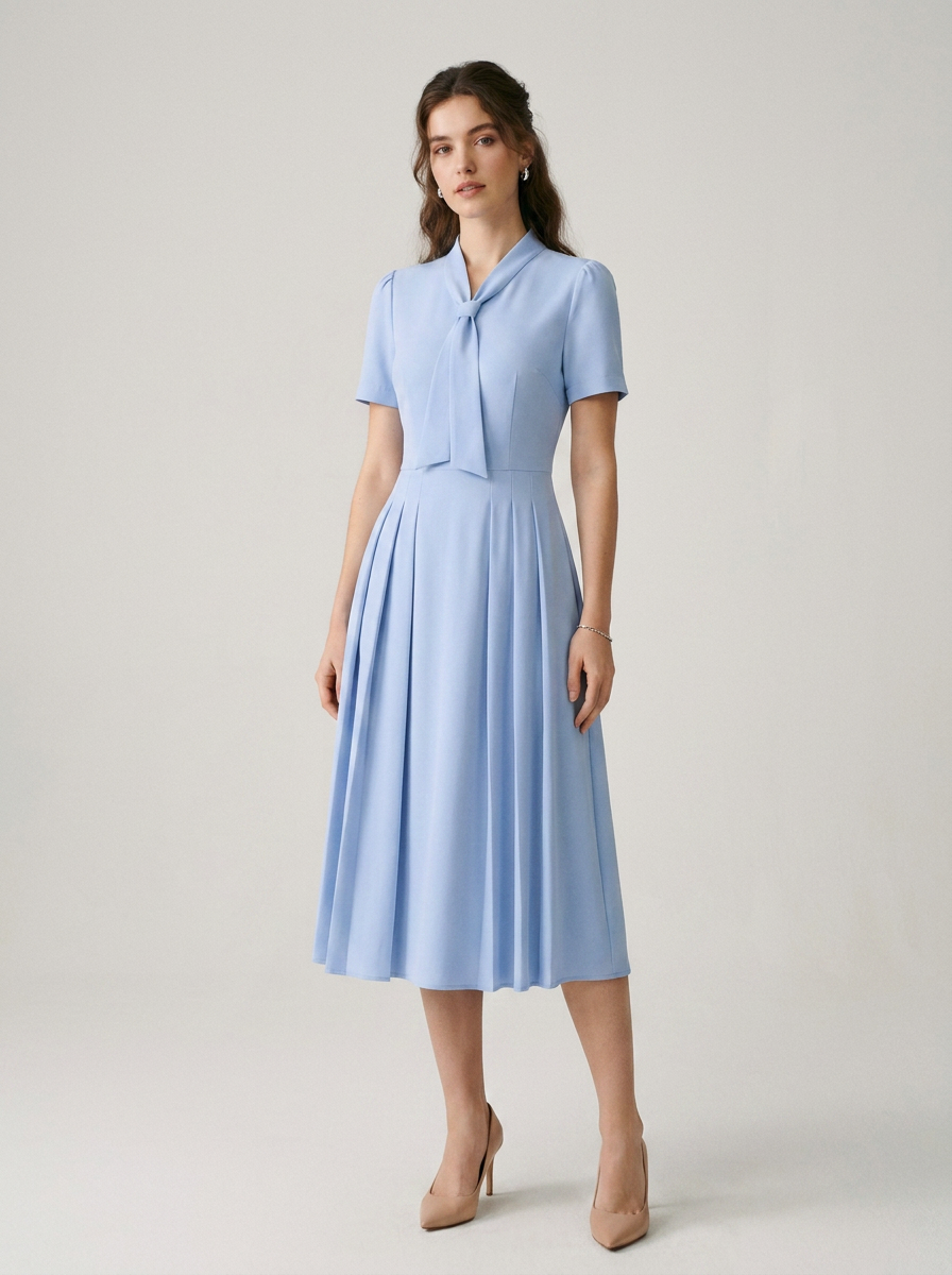 A woman modeling a light blue midi dress with short sleeves, a tie-neck detail, and a pleated skirt, paired with beige heels, against a neutral studio background.