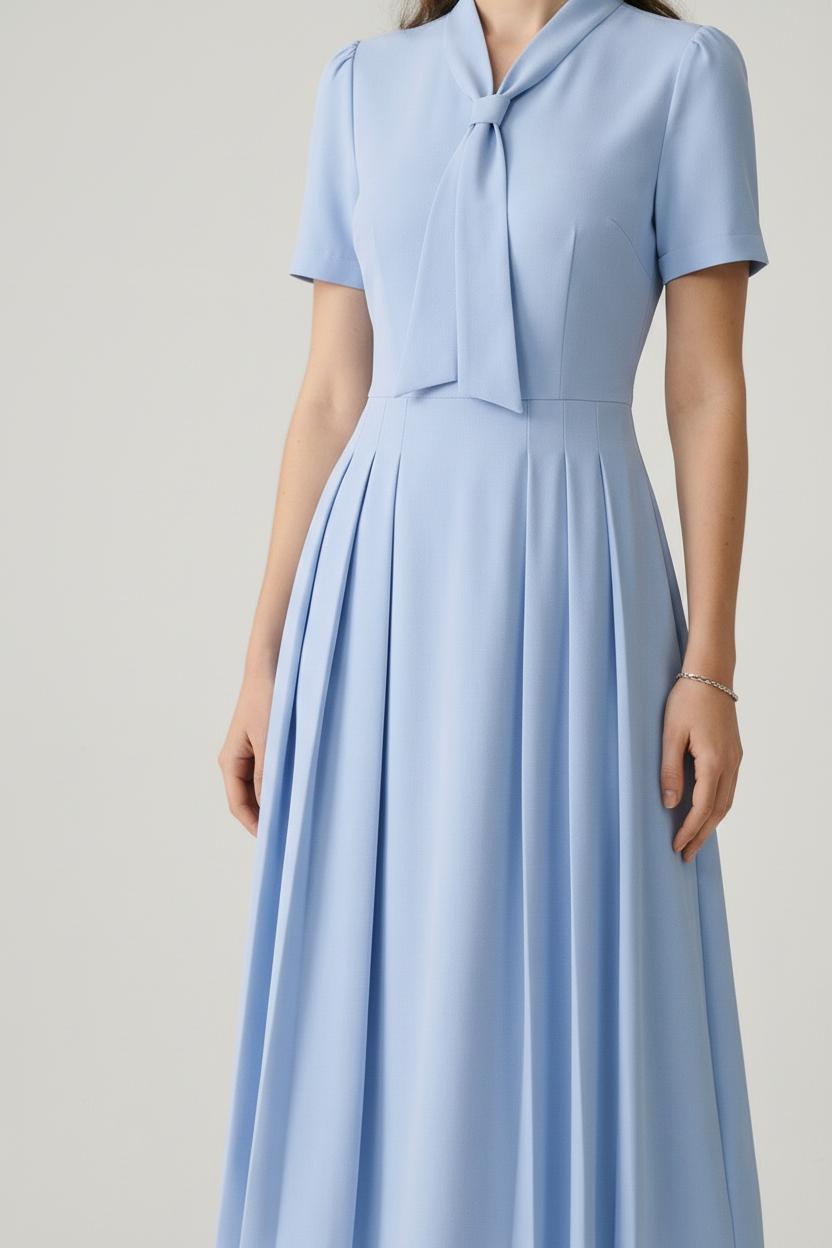 A woman modeling a light blue midi dress with short sleeves, a tie-neck detail, and a pleated skirt, paired with beige heels, against a neutral studio background.
