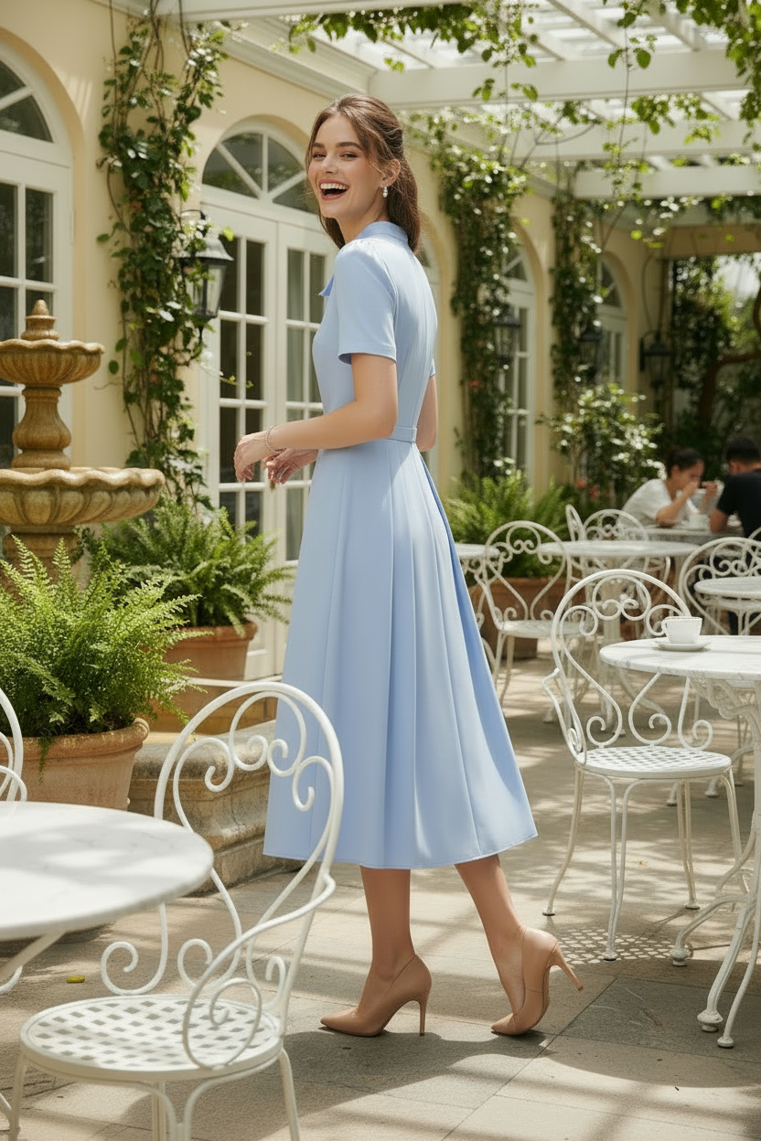 A woman stands on a sunlit outdoor patio wearing a light blue short-sleeve midi dress with a high neckline and a fitted waist, paired with nude heels. White wrought-iron tables and chairs, potted plants, and a cream building with arched windows are visible in the background.