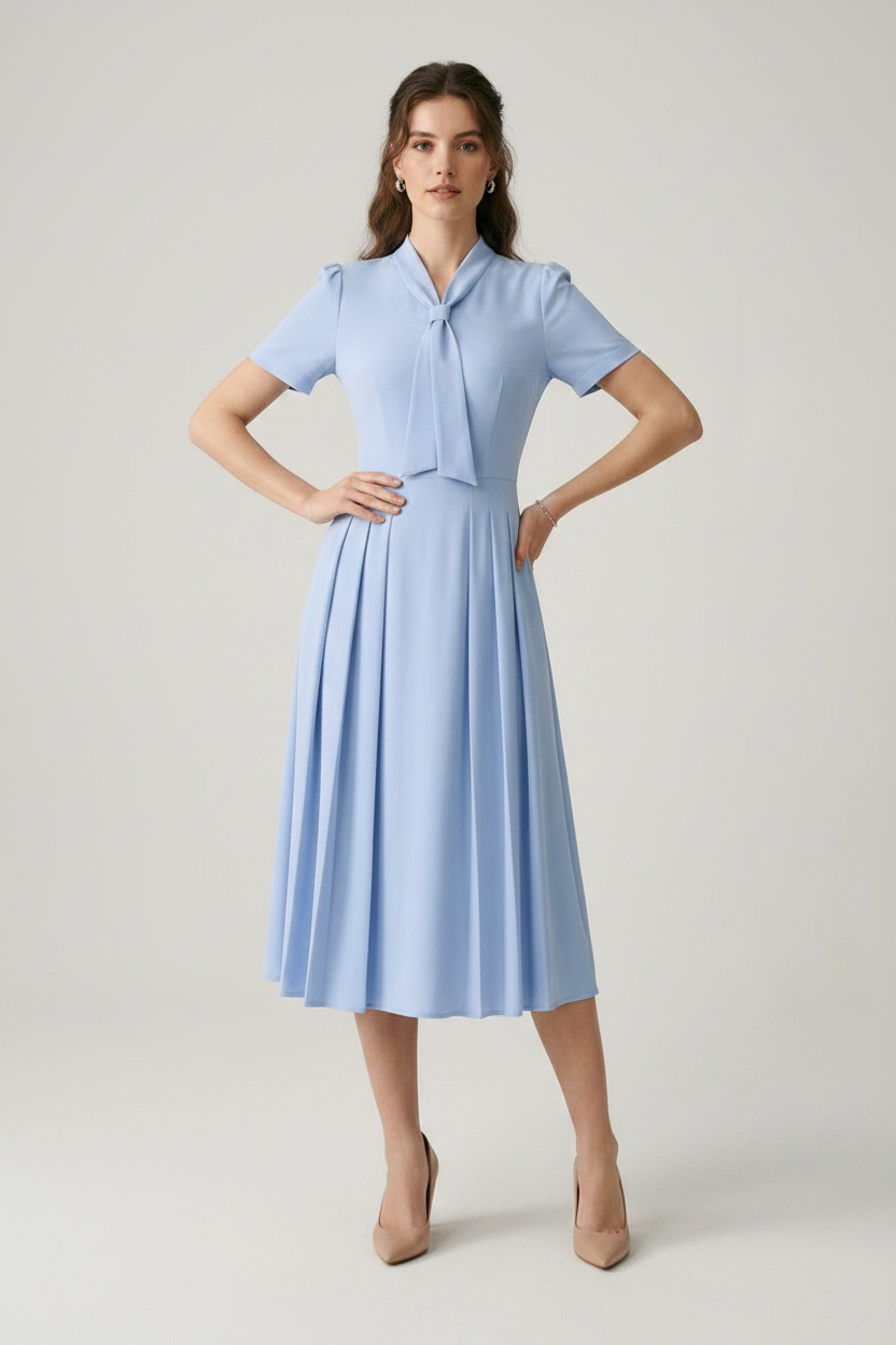 A woman modeling a light blue midi dress with short sleeves, a tie-neck detail, and a pleated skirt, paired with beige heels, against a neutral studio background.