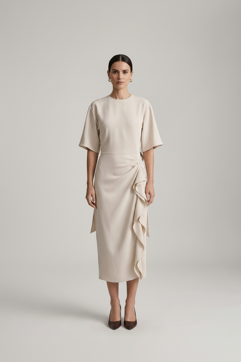 A woman stands against a light gray studio background wearing a cream-colored midi dress with short sleeves, a round neckline, and a ruffled wrap-style skirt detail. She is also wearing dark brown pointed-toe heels.