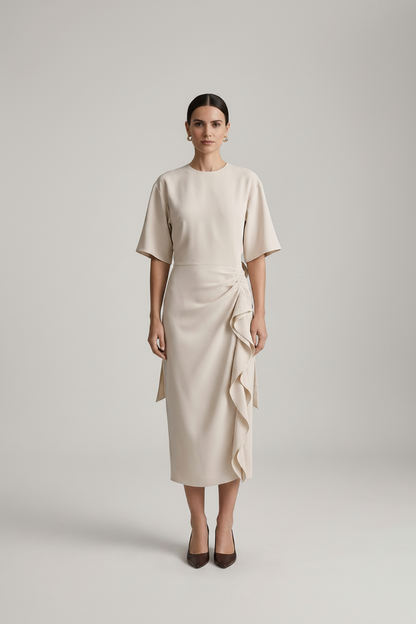 A woman stands against a light gray studio background wearing a cream-colored midi dress with short sleeves, a round neckline, and a ruffled wrap-style skirt detail. She is also wearing dark brown pointed-toe heels.