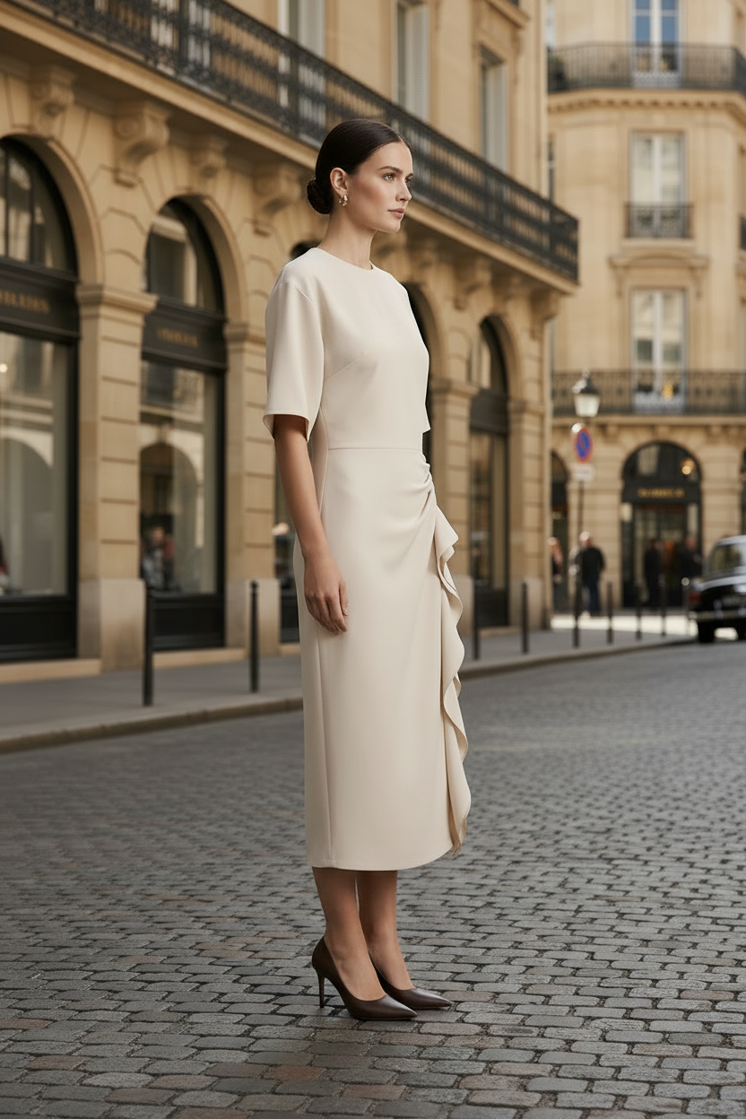A woman stands on a cobblestone street wearing a light beige midi dress with short sleeves, a high neckline, and a draped asymmetrical ruffle detail at the skirt. The background shows classic Parisian-style buildings.
