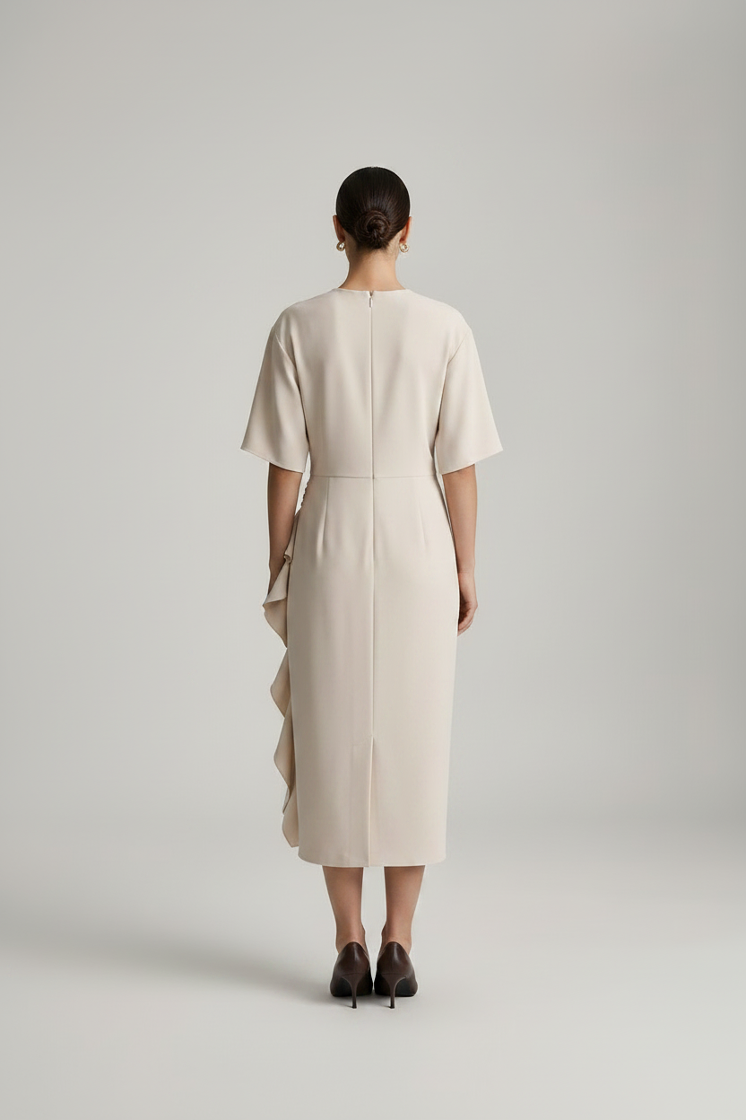 A model stands against a light gray studio background wearing a cream-colored midi dress with short sleeves, a round neckline, and a ruffled side detail, paired with dark brown pointed-toe heels.