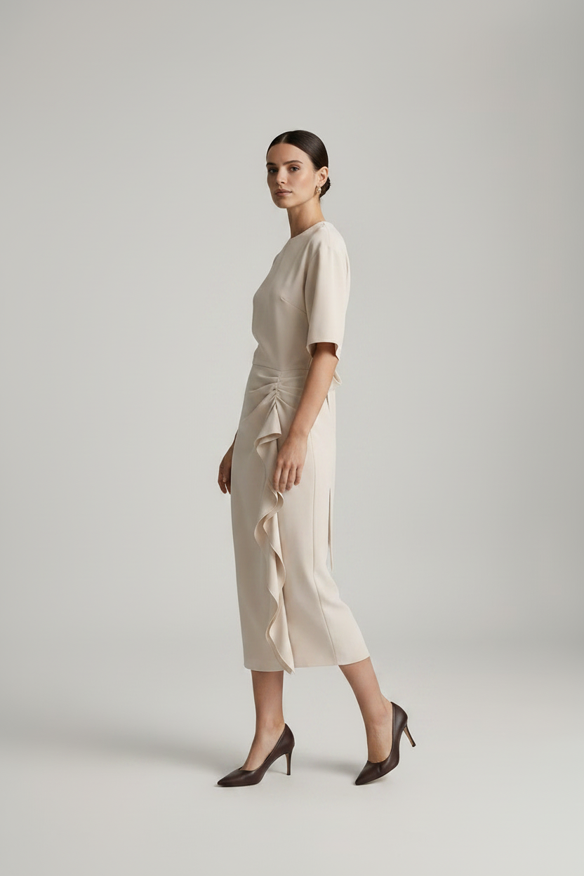 A model stands against a light gray studio background wearing a cream-colored midi dress with short sleeves, a round neckline, and a ruffled side detail, paired with dark brown pointed-toe heels.