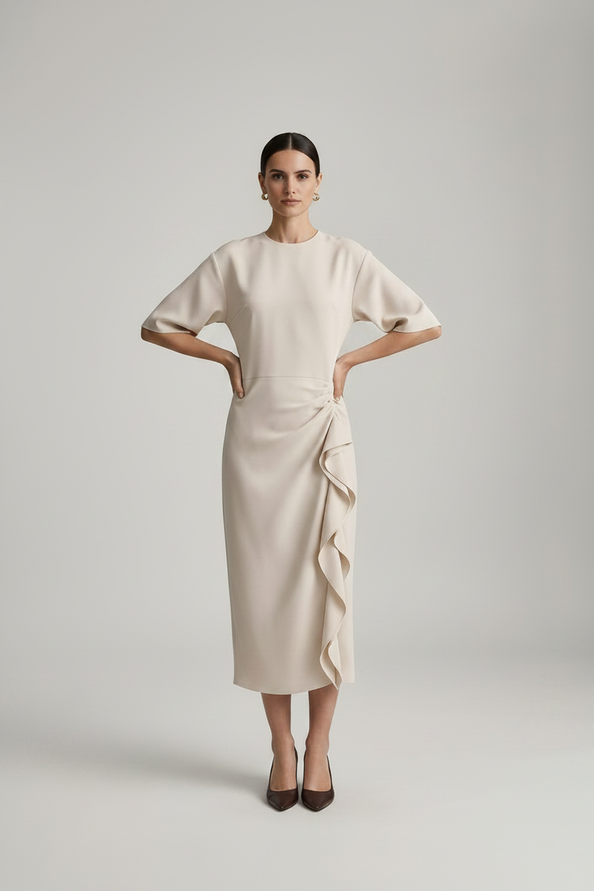 A model stands against a light gray studio background wearing a cream-colored midi dress with short sleeves, a round neckline, and a ruffled side detail, paired with dark brown pointed-toe heels.
