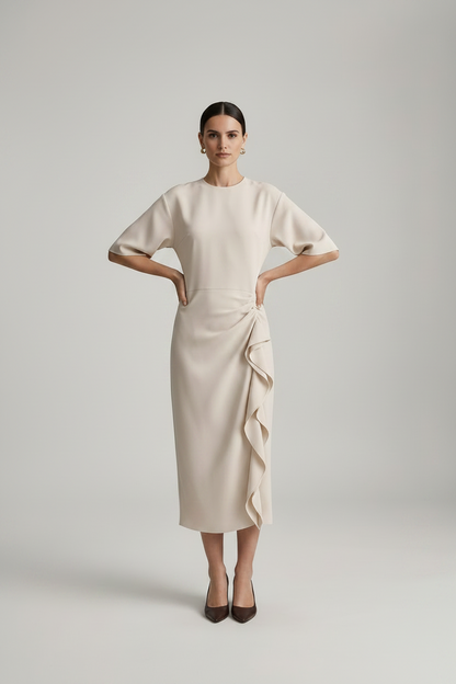 A model stands against a light gray studio background wearing a cream-colored midi dress with short sleeves, a round neckline, and a ruffled side detail, paired with dark brown pointed-toe heels.